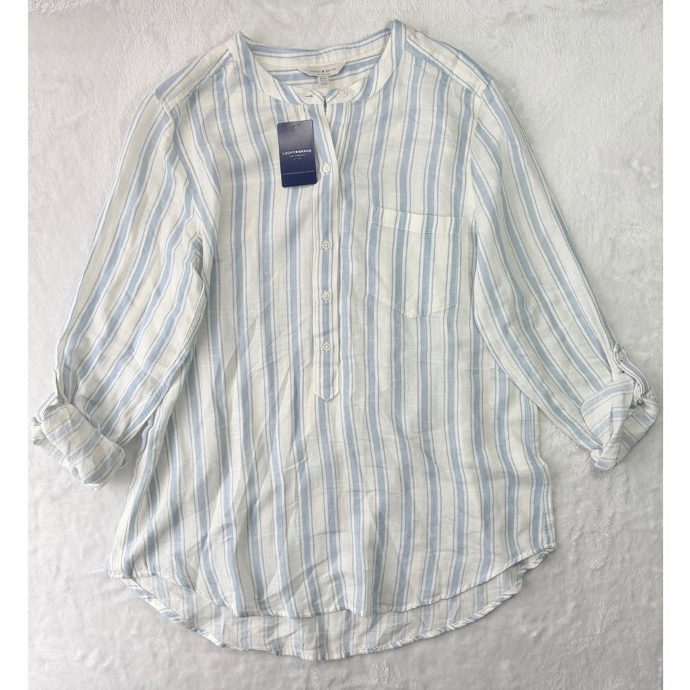 NWT Lucky Brand Popover Long Sleeve Striped Blue/White Shirt Women's Medium